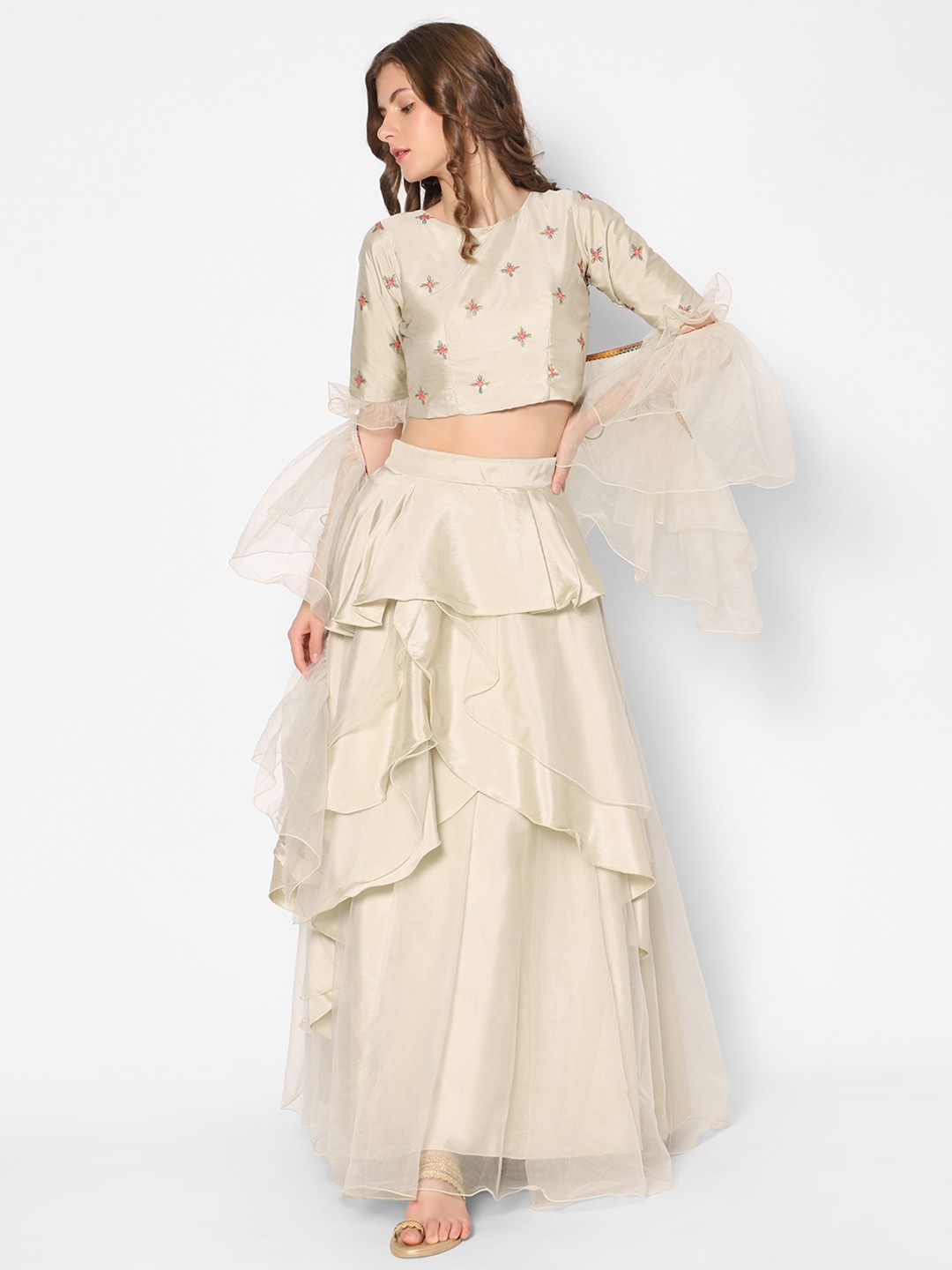 

Kiya Women Off White & Red Embroidered Ready to Wear Lehenga & Blouse With Dupatta
