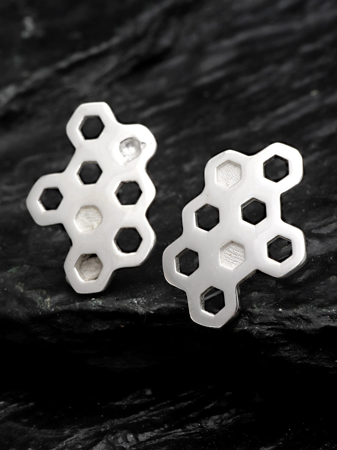 

KUNUZ Silver-Toned Classic Honeycomb Design Studs Earrings