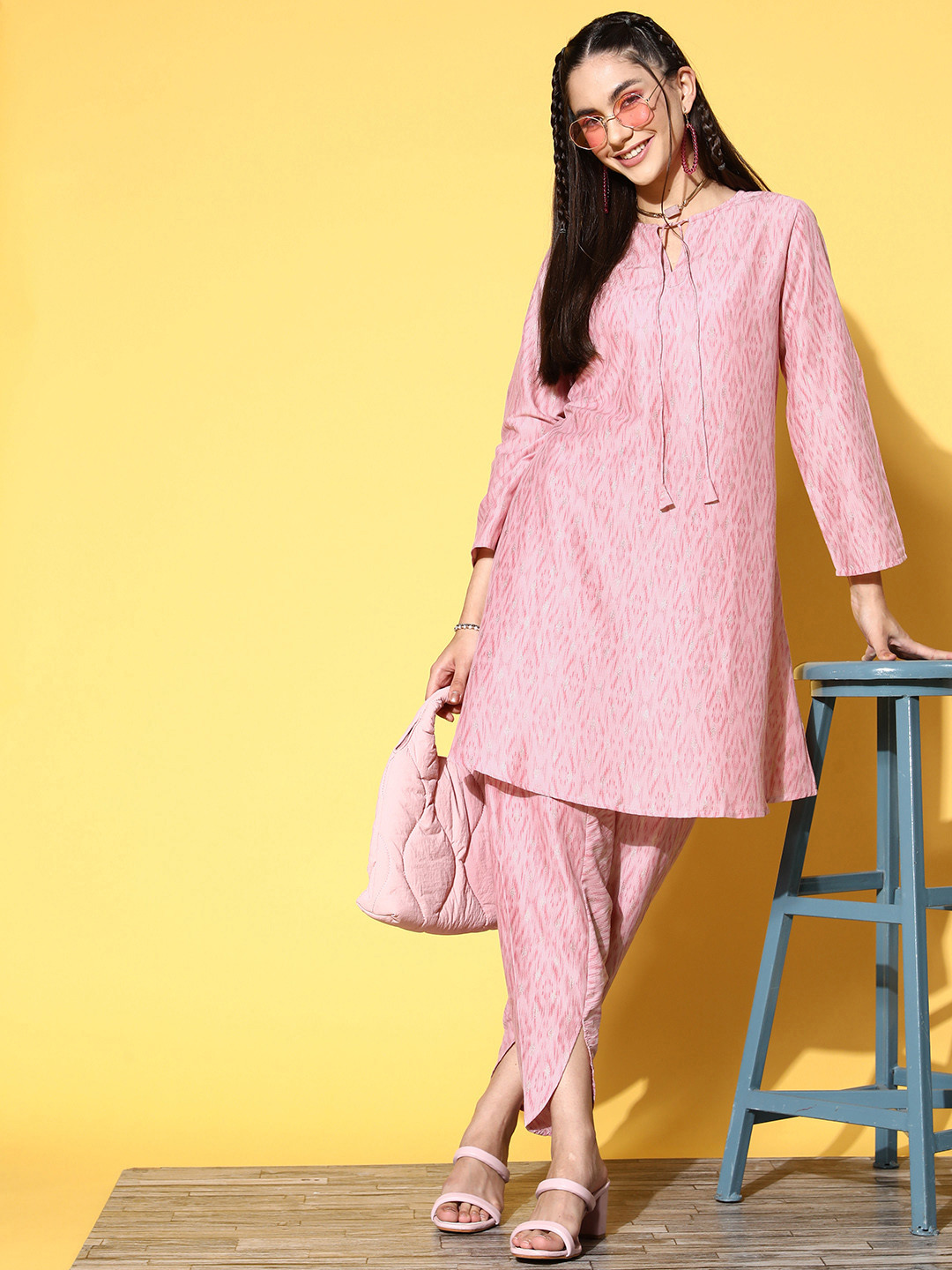 

Athena Women Geometric Silk Blend Fusion Bottom Kurta Set, Pink