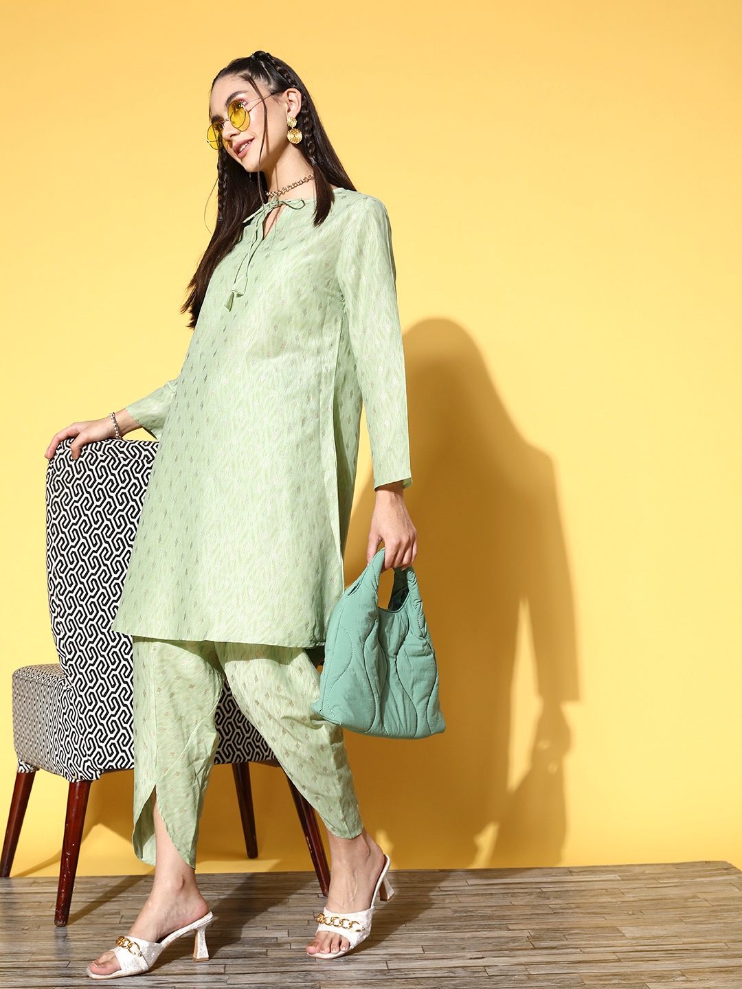 

Athena Women Ethnic Motifs Silk Blend Fusion Bottom Kurta Set, Green
