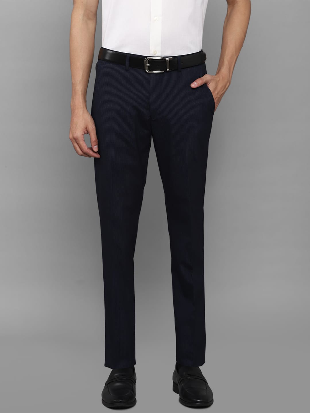 

Louis Philippe Men Navy Blue Striped Slim Fit Formal Trousers