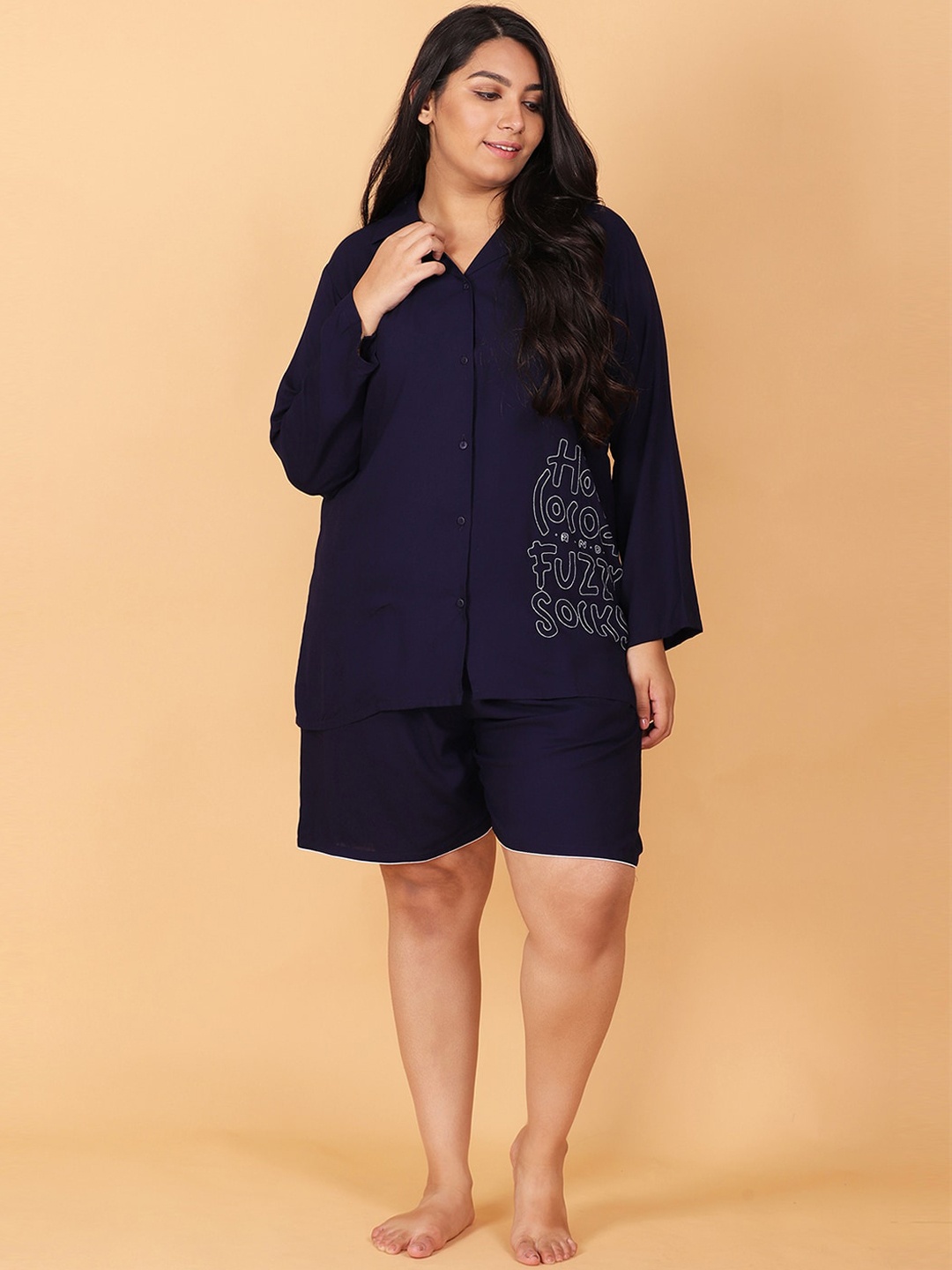 

LastInch Women Blue Fuzzy Embroidered Night Suit Set