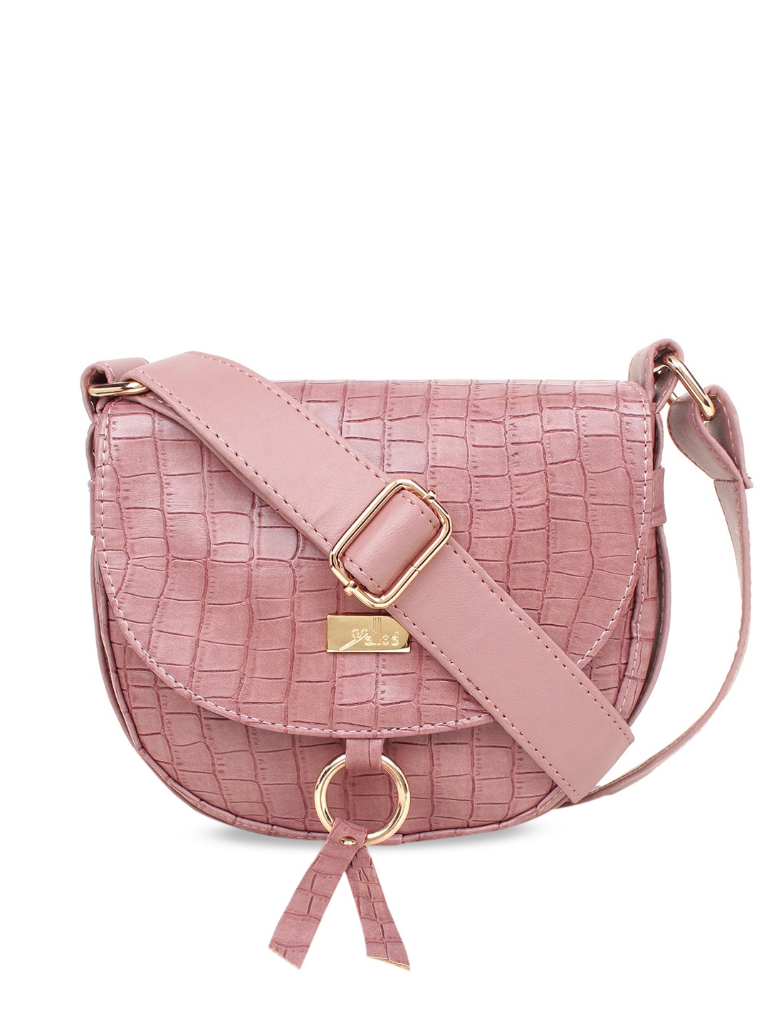 

yelloe Pink Textured Half Moon Sling Bag with Tasselled