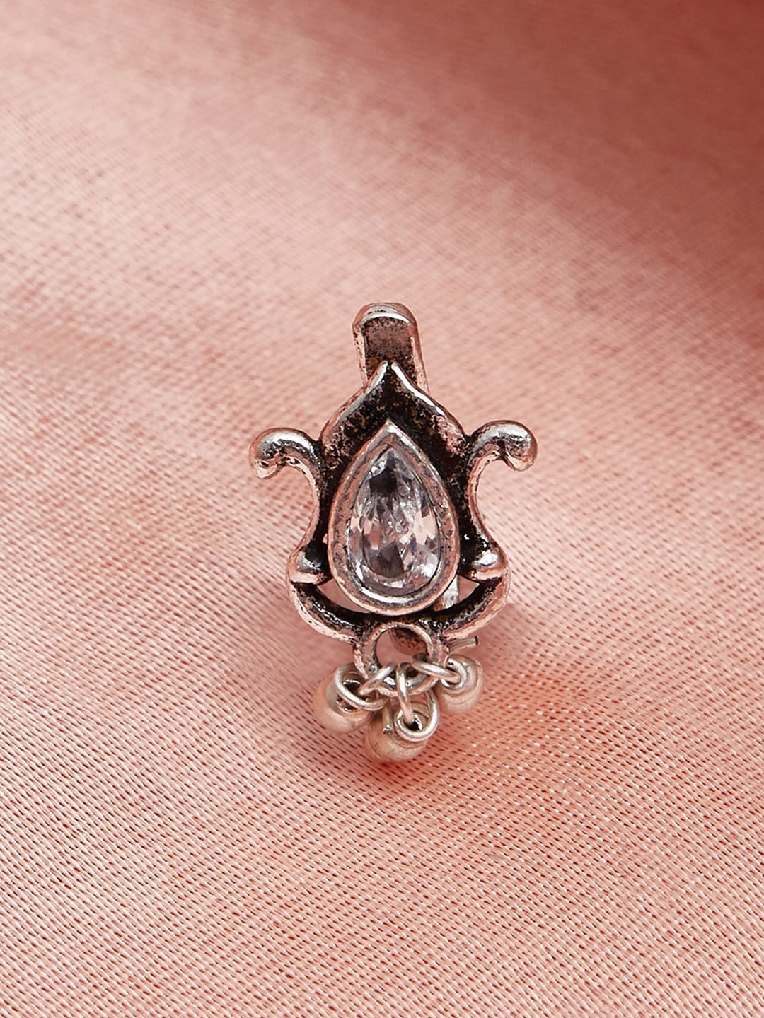 

Voylla Oxidised Silver-Plated White Stone Studded Stud Nose Pin