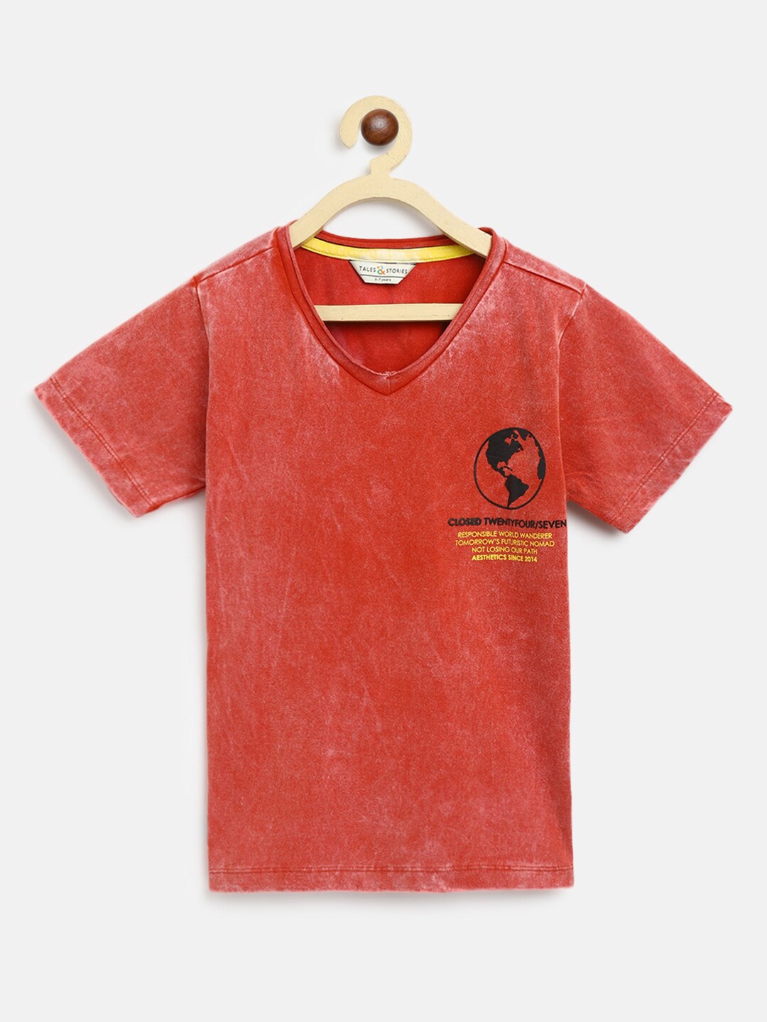 

TALES & STORIES Boys Rust Printed V-Neck Cotton T-shirt