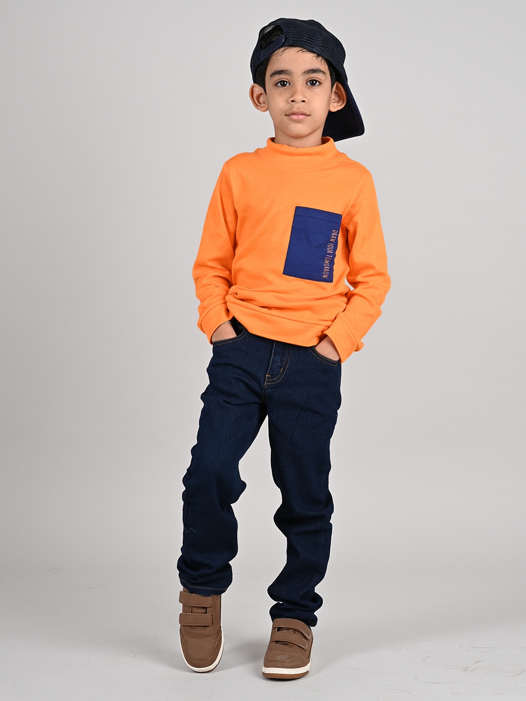 

TALES & STORIES Boys Orange & Blue Turtle Neck Cotton T-shirt