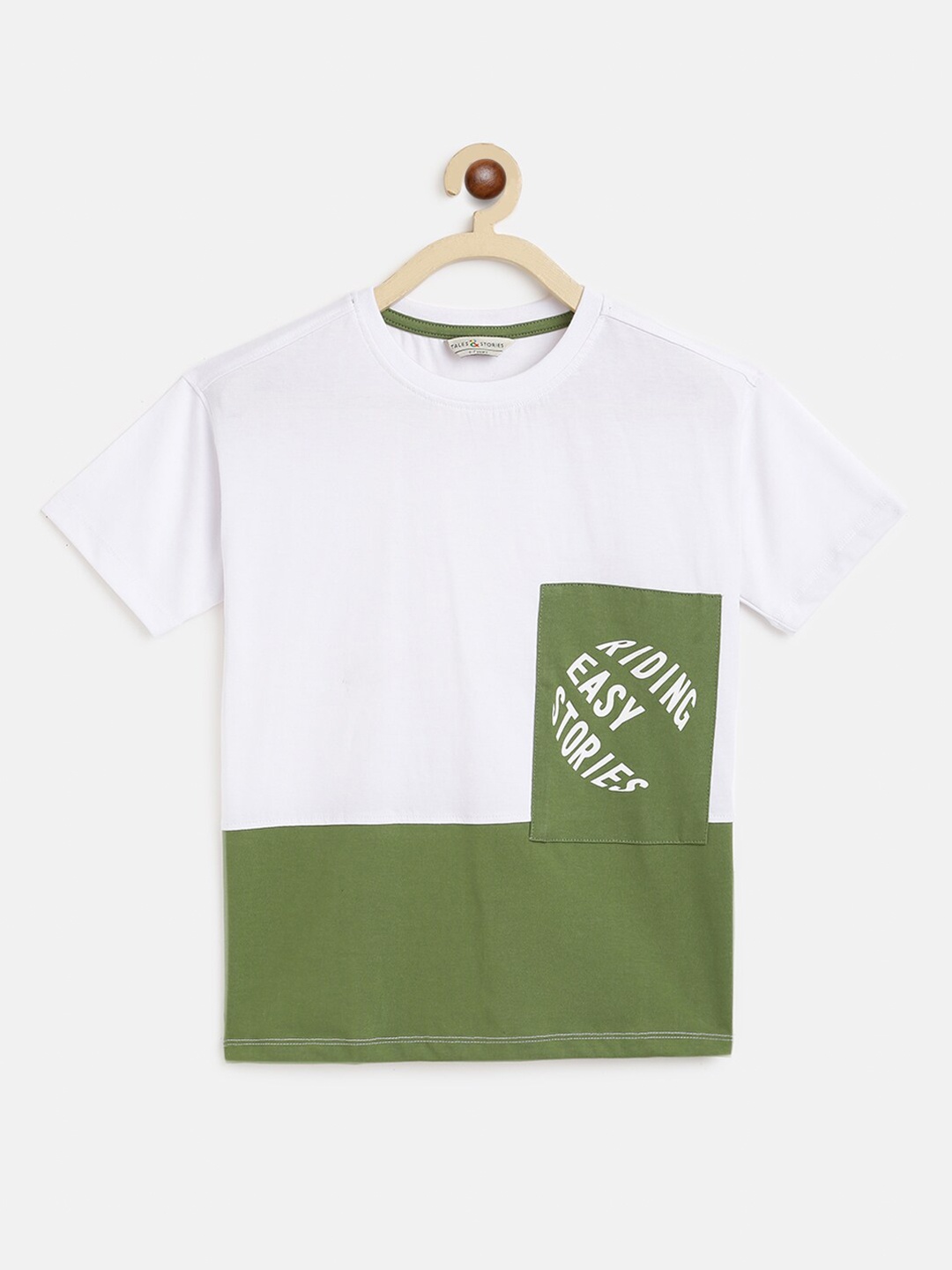 

TALES & STORIES Boys White & Green Colourblocked Cotton T-shirt