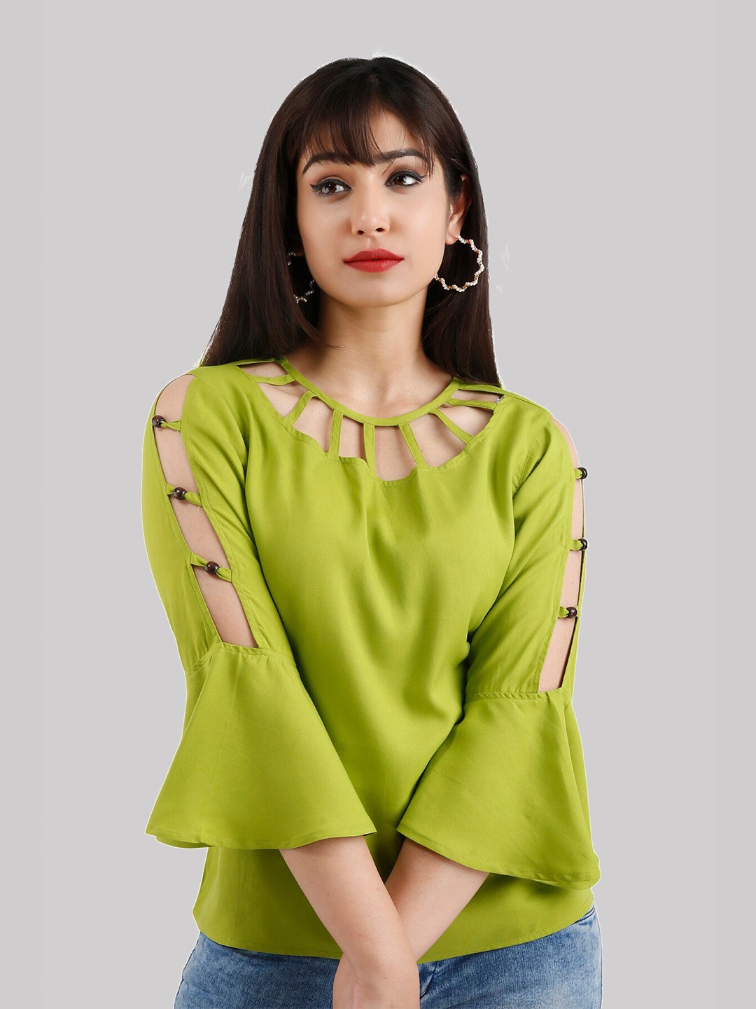 

Fab Star Women Green Keyhole Neck Top