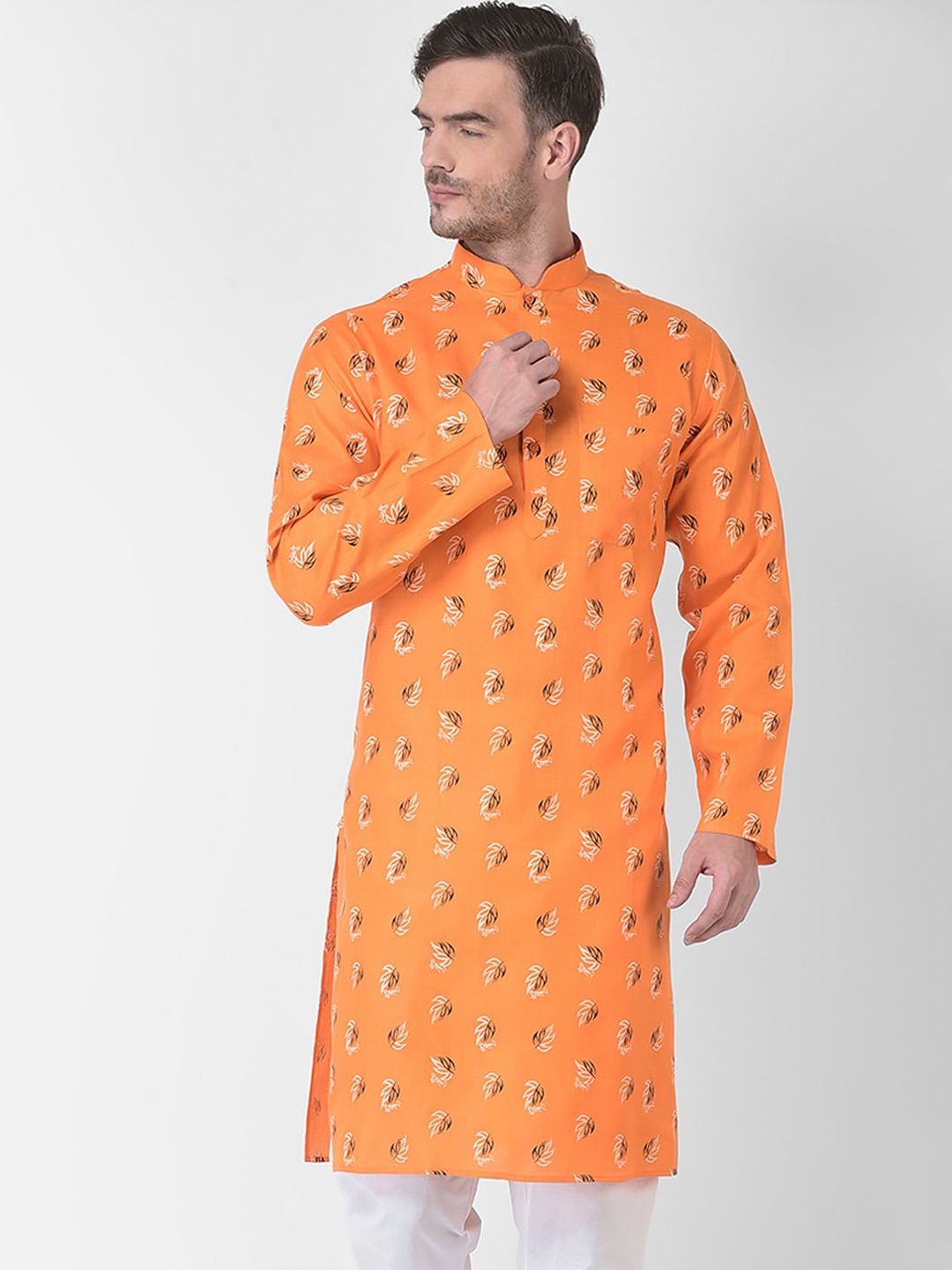 

SG LEMAN Men Orange Floral Printed Kurta