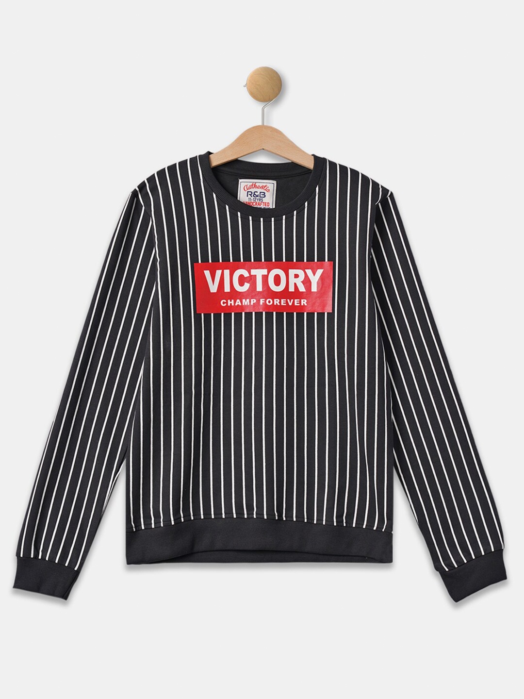

R&B Boys Black Striped Round Neck Cotton Sweatshirt