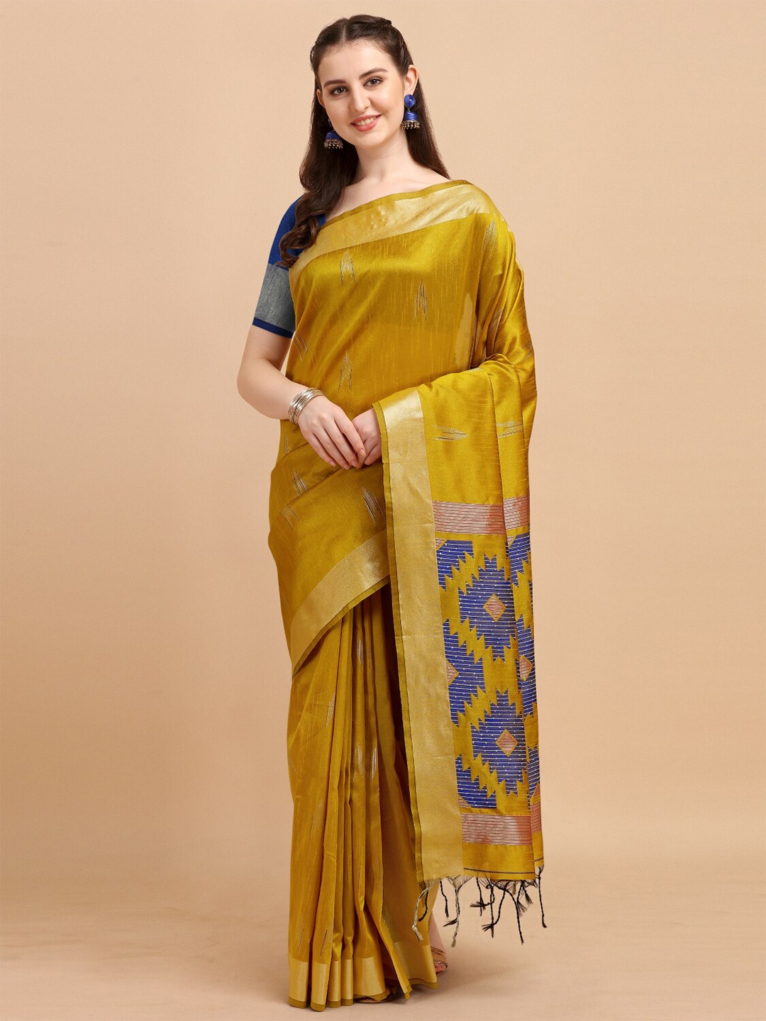 

VISHNU WEAVES Yellow & Blue Zari Bhagalpuri Saree with Contrast Pallu