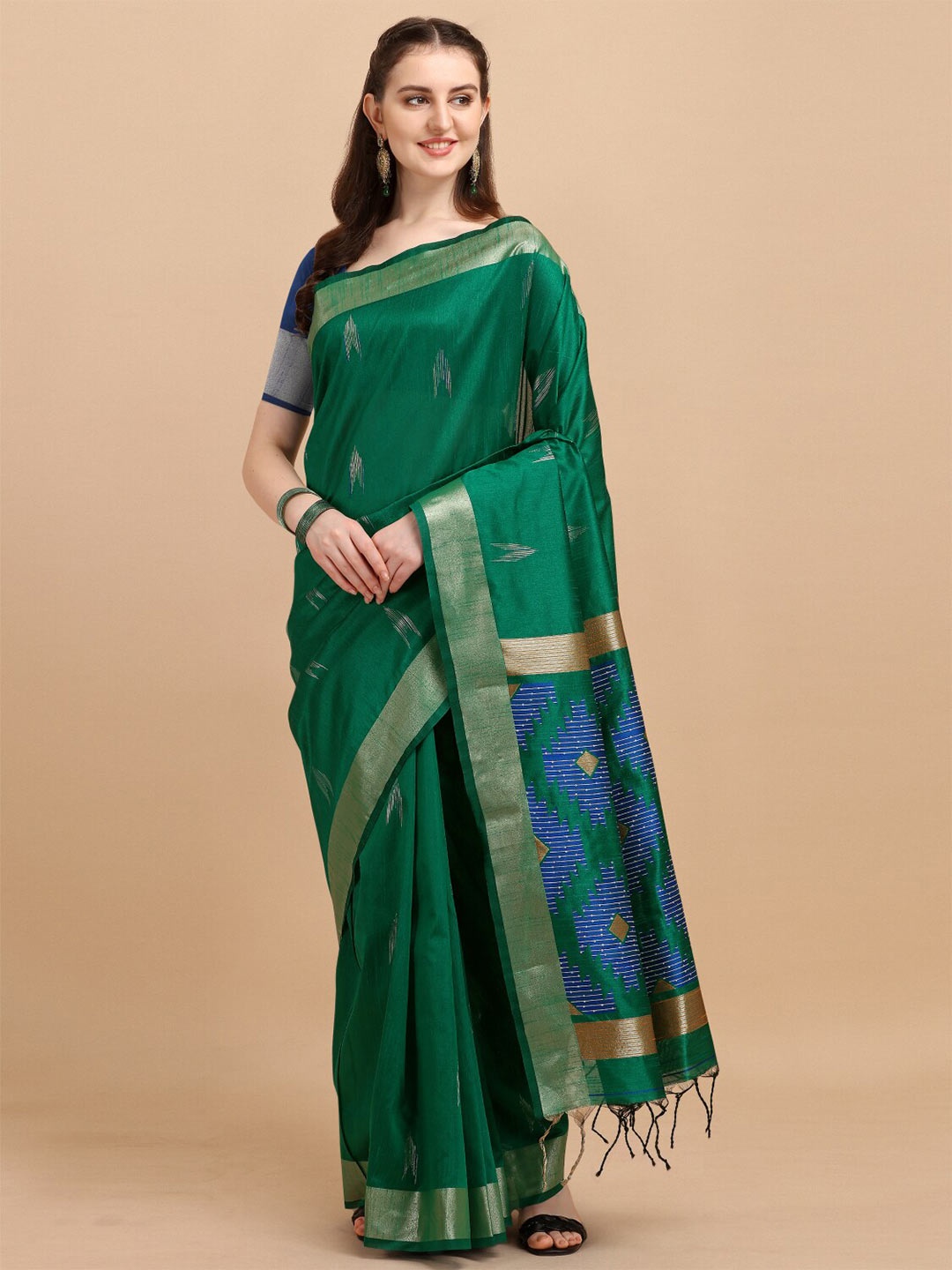 

VISHNU WEAVES Green & Blue Ethnic Motifs Zari Bhagalpuri Saree