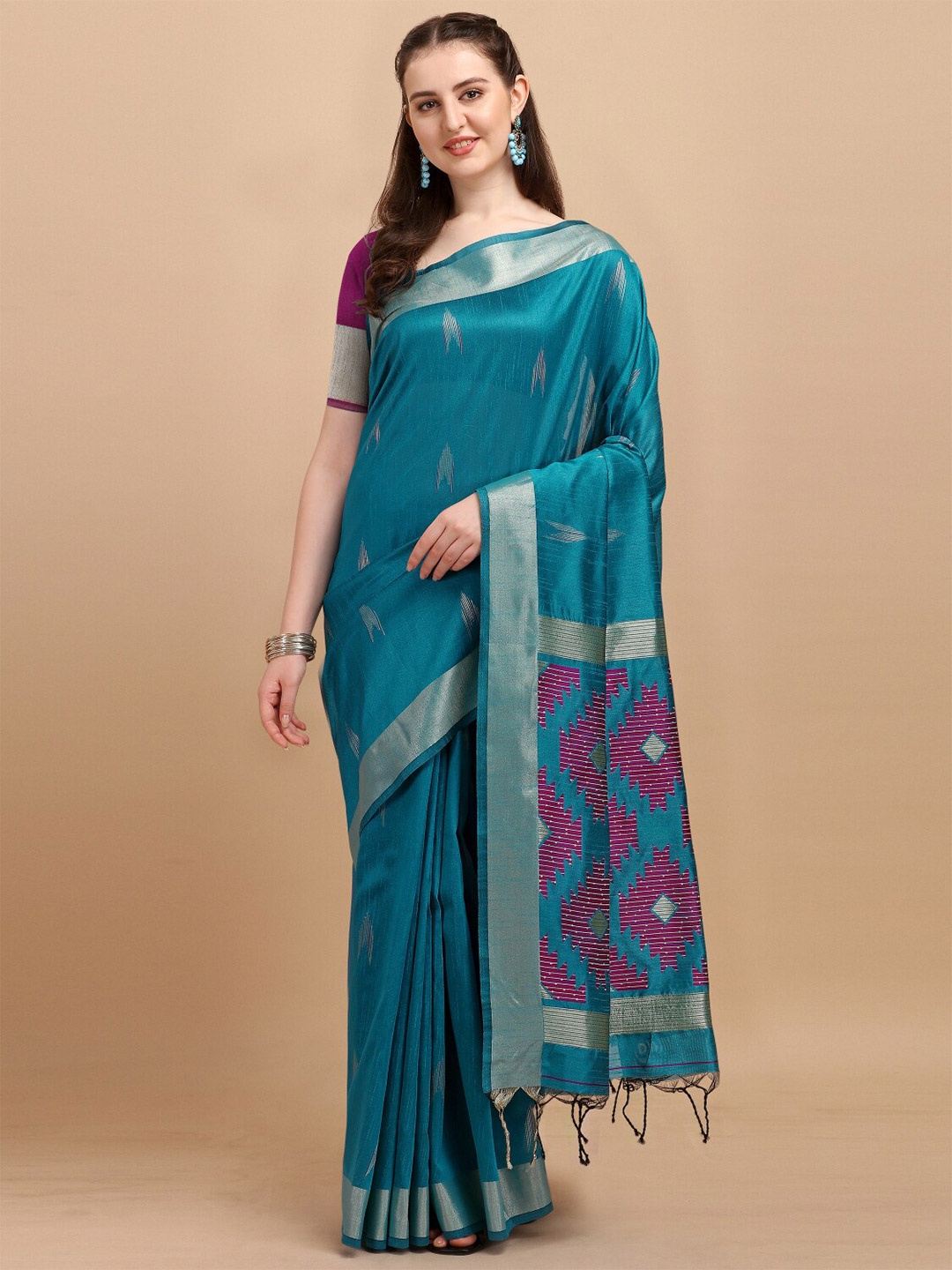 

VISHNU WEAVES Turquoise Blue & Gold-Toned Ethnic Motifs Zari Bhagalpuri Saree