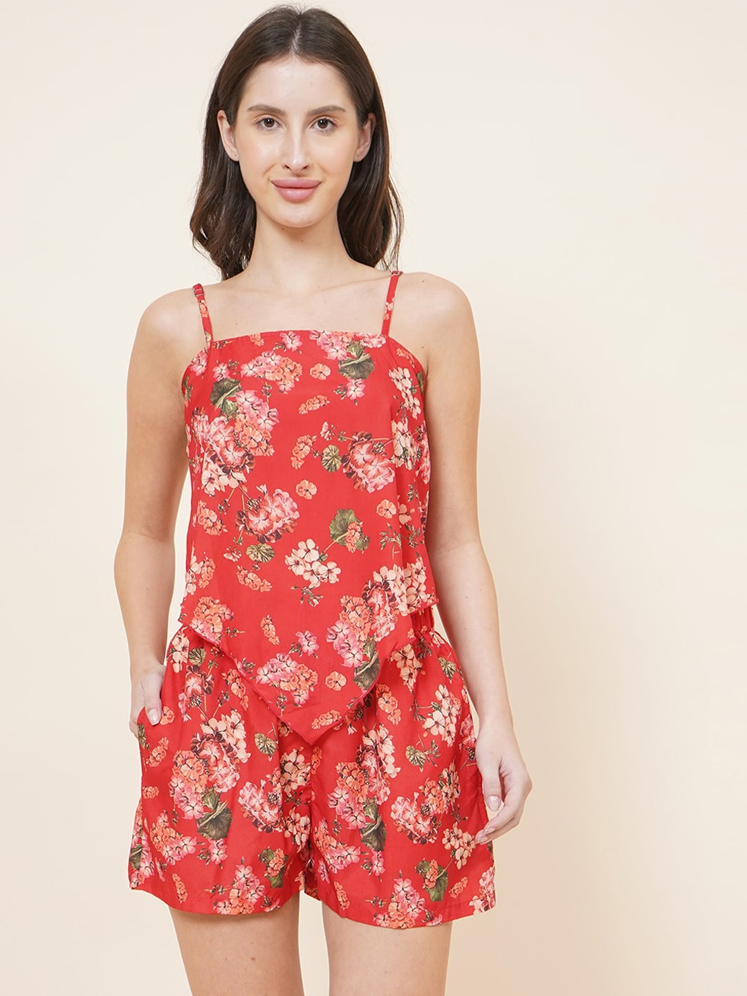 

DressBerry Women Printed Pure Cotton Night suit, Red