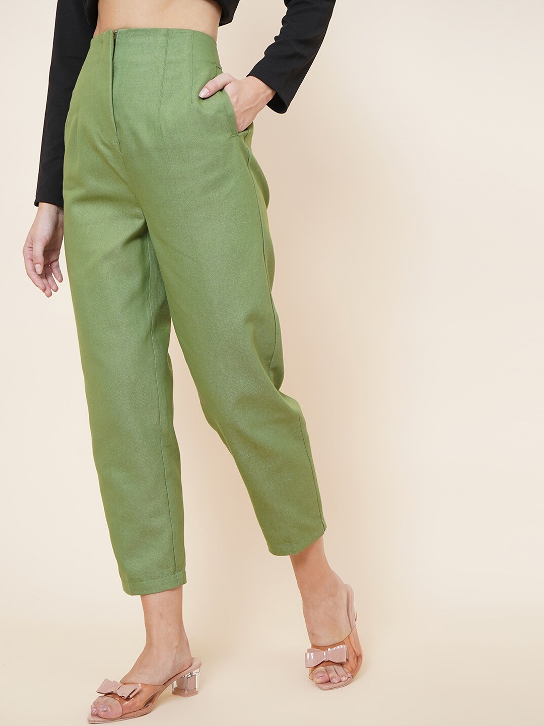 

DressBerry Women Green Original Tapered Fit High-Rise Pleated Trousers