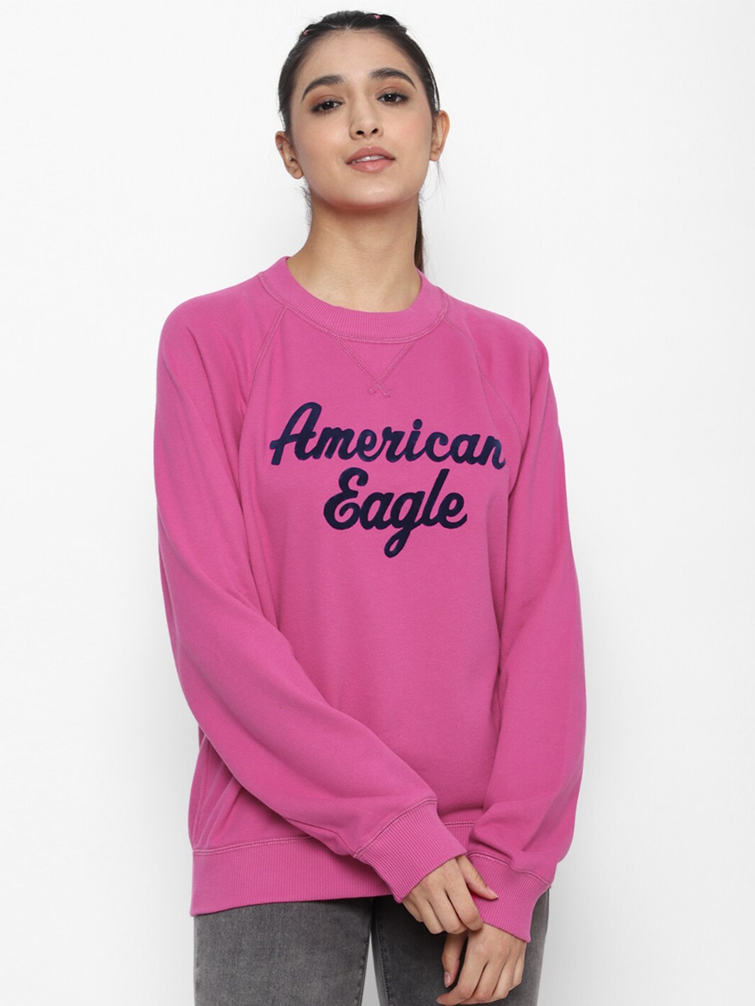 

AMERICAN EAGLE OUTFITTERS Women Pink Typography Printed Cotton Sweatshirt