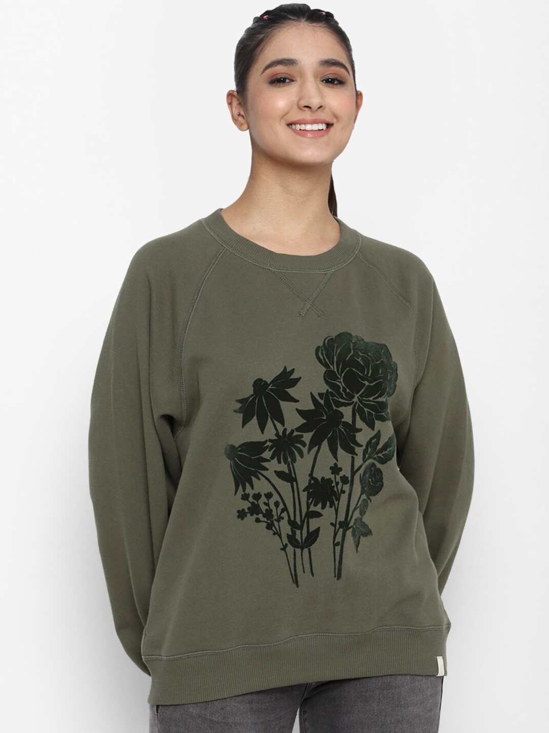 

AMERICAN EAGLE OUTFITTERS Women Green Graphic Printed Cotton Sweatshirt