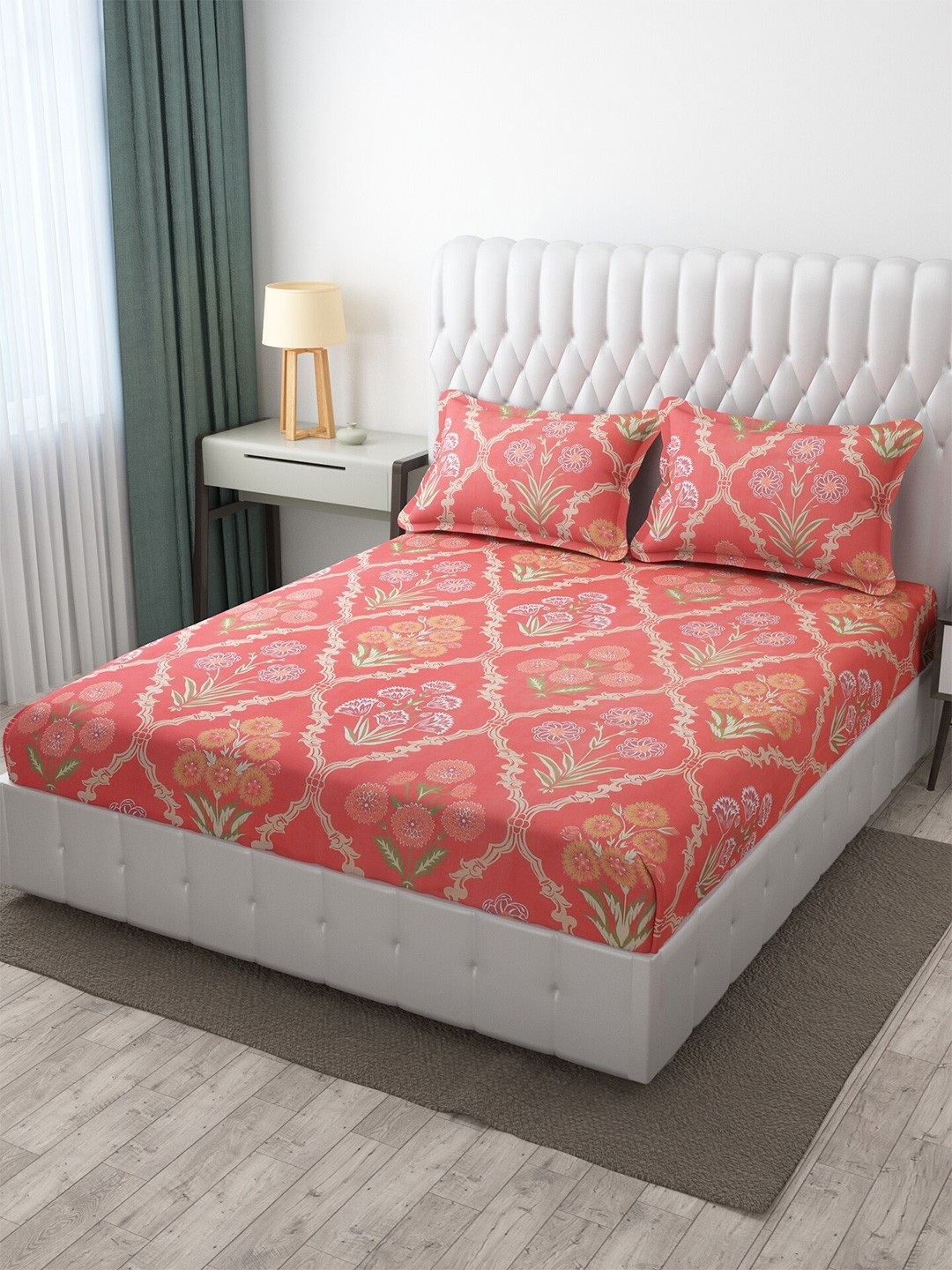 

MULTITEX Floral 300 TC King Bedsheet with 2 Pillow Covers, Orange