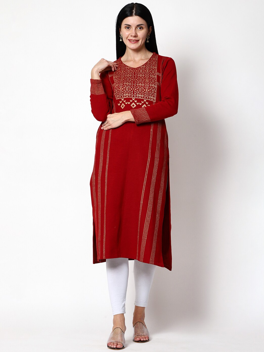 

SHEREEN Women Maroon Ethnic Printed Straight Woolen Kurta
