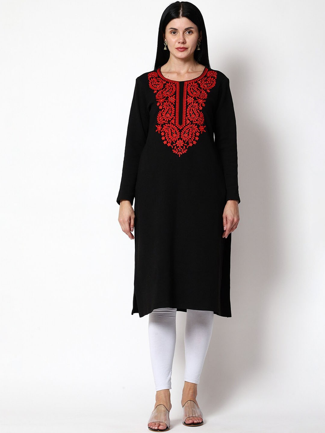 

SHEREEN Women Black Ethnic Embroidered Straight Woolen Kurta