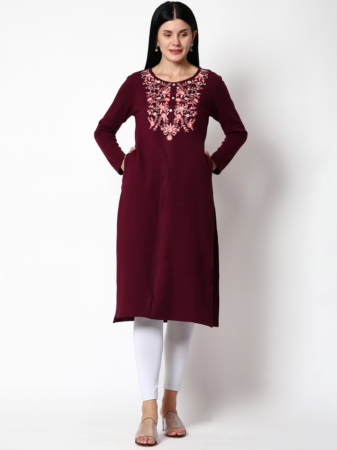

SHEREEN Women Purple Ethnic Embroidered Straight Woolen Kurta