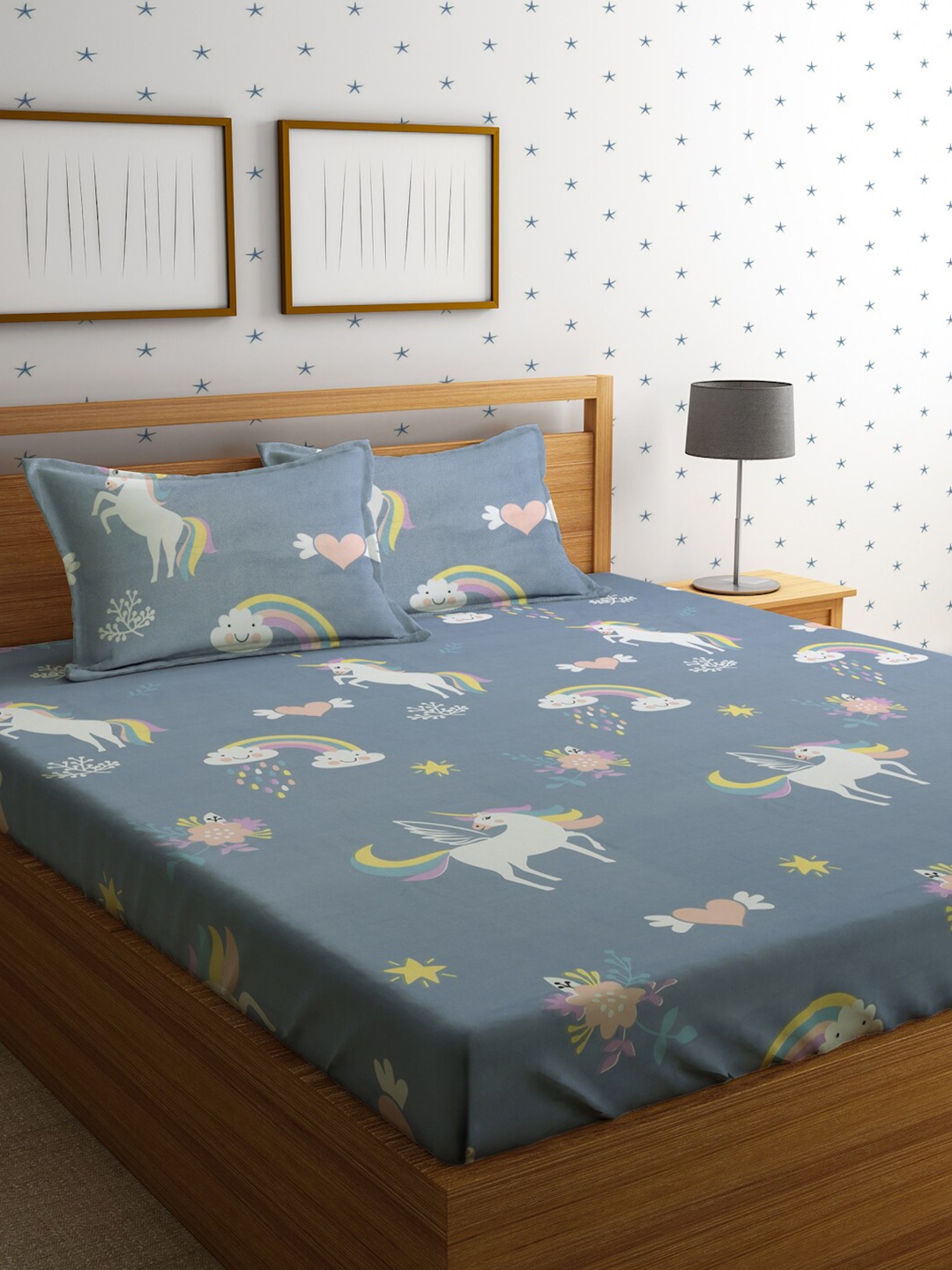 

HOSTA HOMES Cartoon Characters 210 TC Queen Bedsheet with 2 Pillow Covers, Grey