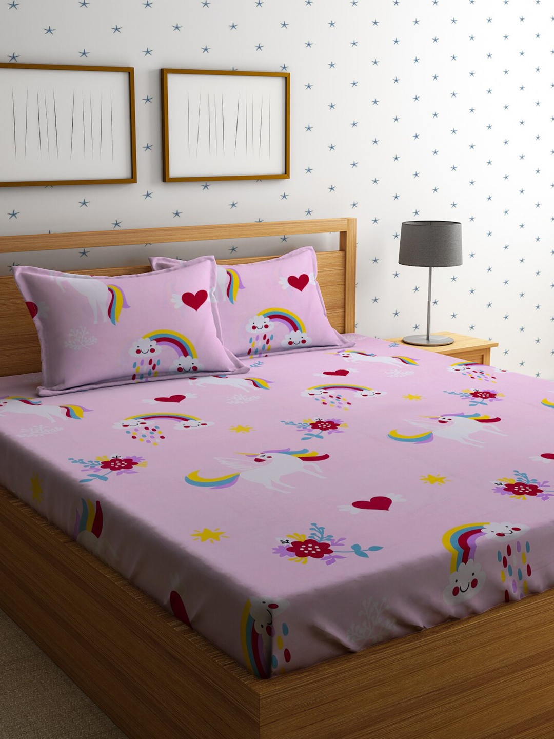 

HOSTA HOMES Cartoon Characters 210 TC Queen Bedsheet with 2 Pillow Covers, Pink