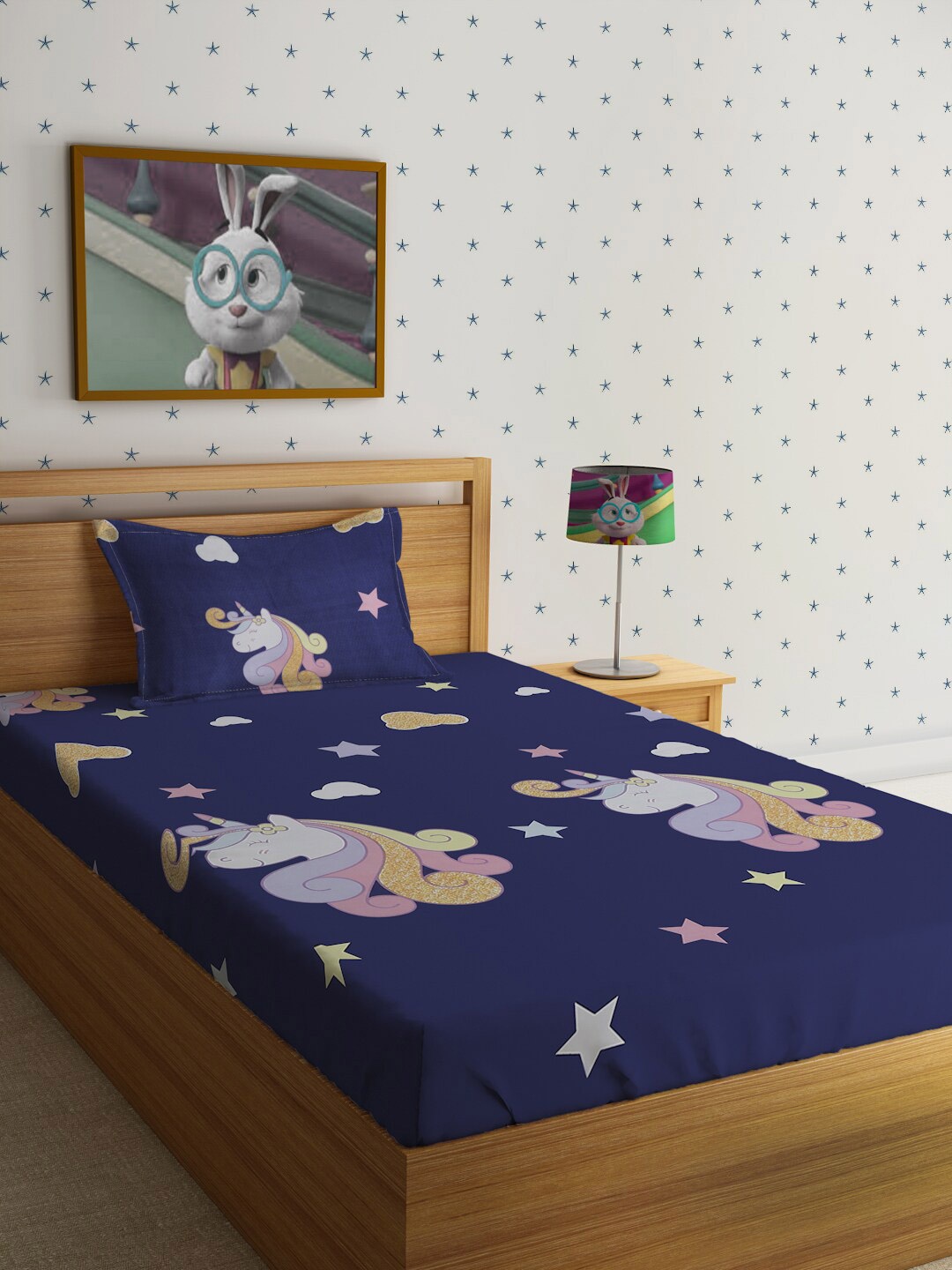 

HOSTA HOMES Cartoon Characters 210 TC Single Bedsheet with 1 Pillow Cover, Blue