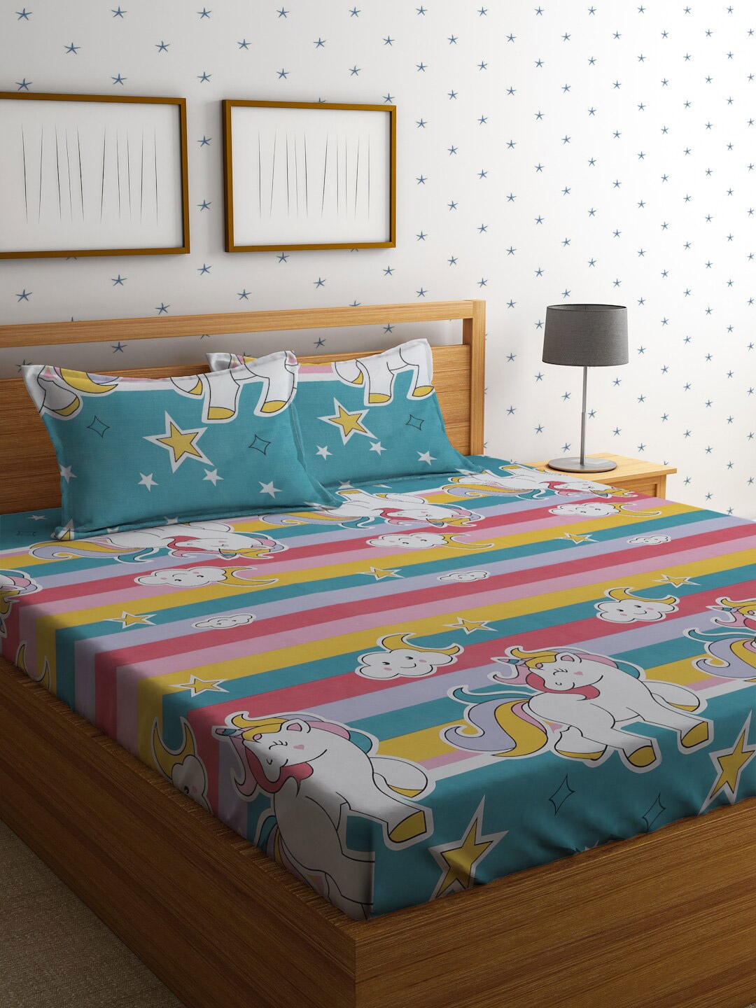 

HOSTA HOMES Graphic 210 TC Queen Bedsheet with 2 Pillow Covers, Blue