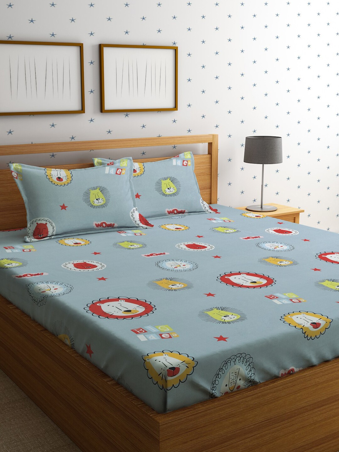 

HOSTA HOMES Cartoon Characters 210 TC Queen Bedsheet with 2 Pillow Covers, Blue