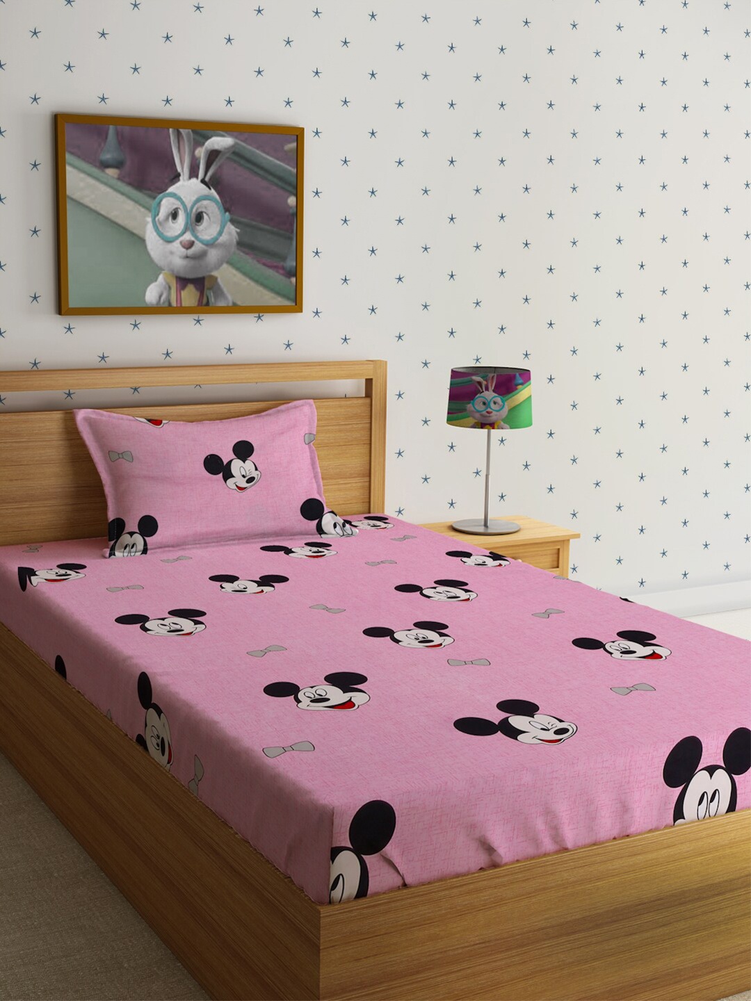 

HOSTA HOMES Cartoon Characters 210 TC Single Bedsheet with 1 Pillow Cover, Pink