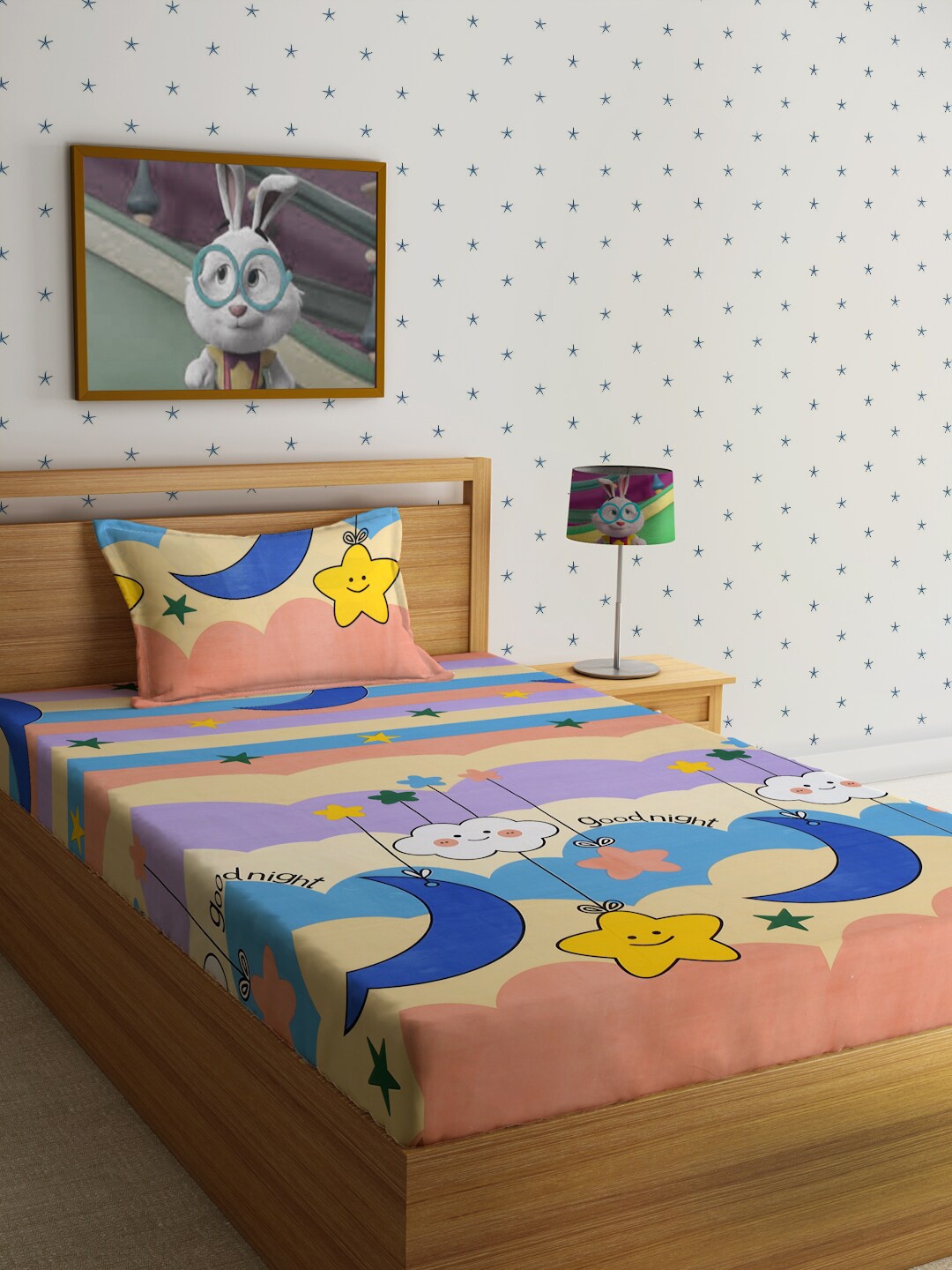 

HOSTA HOMES Cartoon Characters 210 TC Single Bedsheet with 1 Pillow Covers, Purple