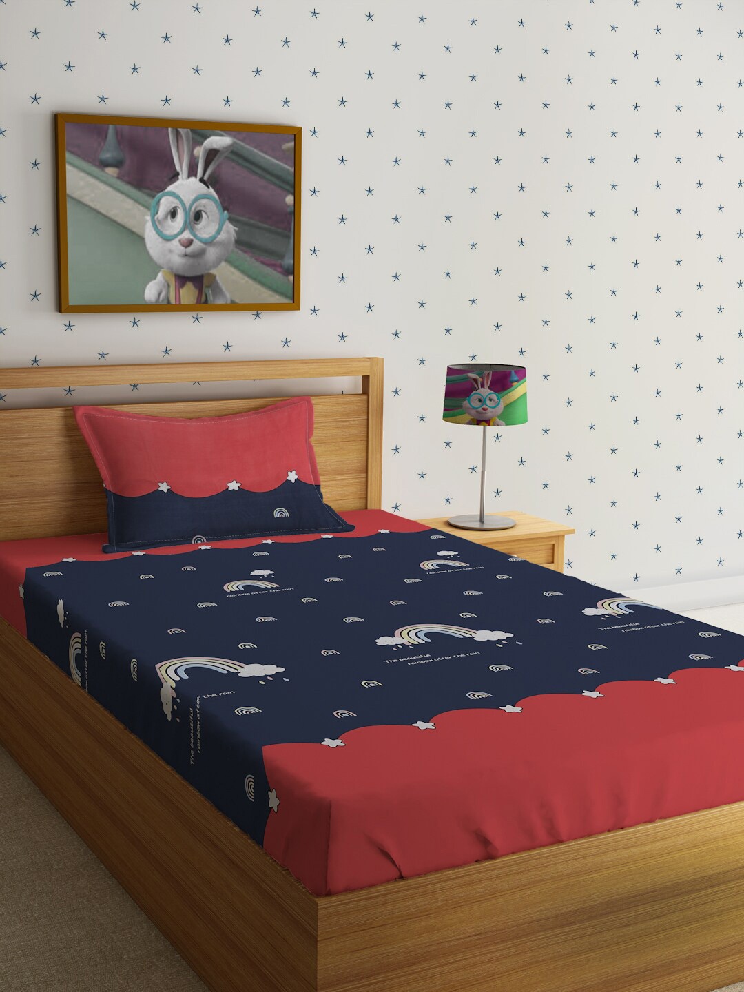 

HOSTA HOMES Cartoon Characters 220 TC Single Bedsheet with 1 Pillow Covers, Navy blue