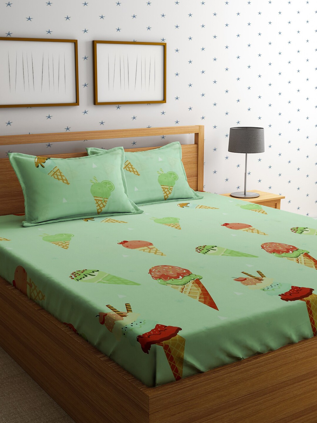 

HOSTA HOMES Graphic 210 TC Queen Bedsheet with 2 Pillow Covers, Green