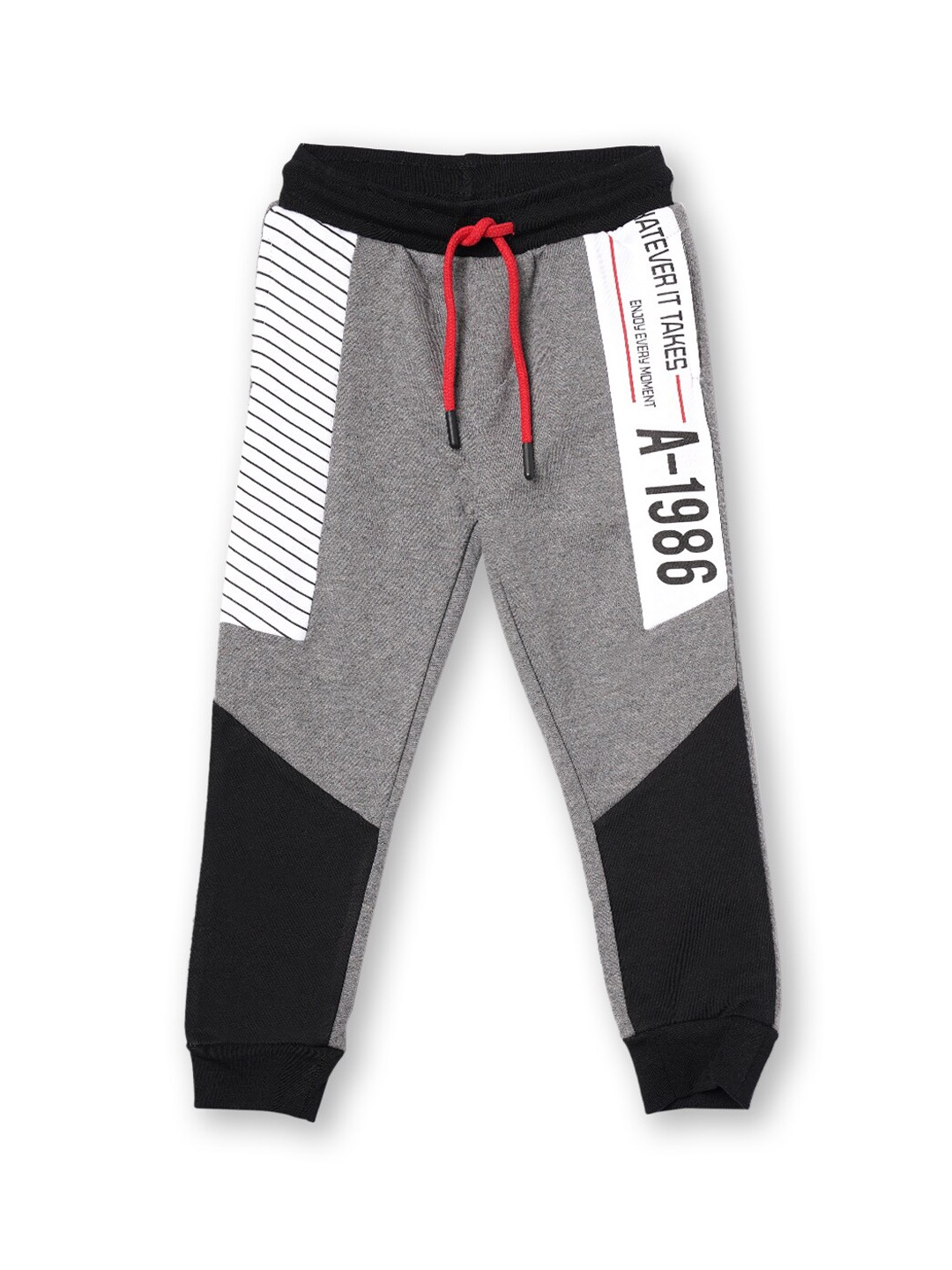 

R&B Boys Grey & Black Colourblocked Cotton Drawstring Joggers
