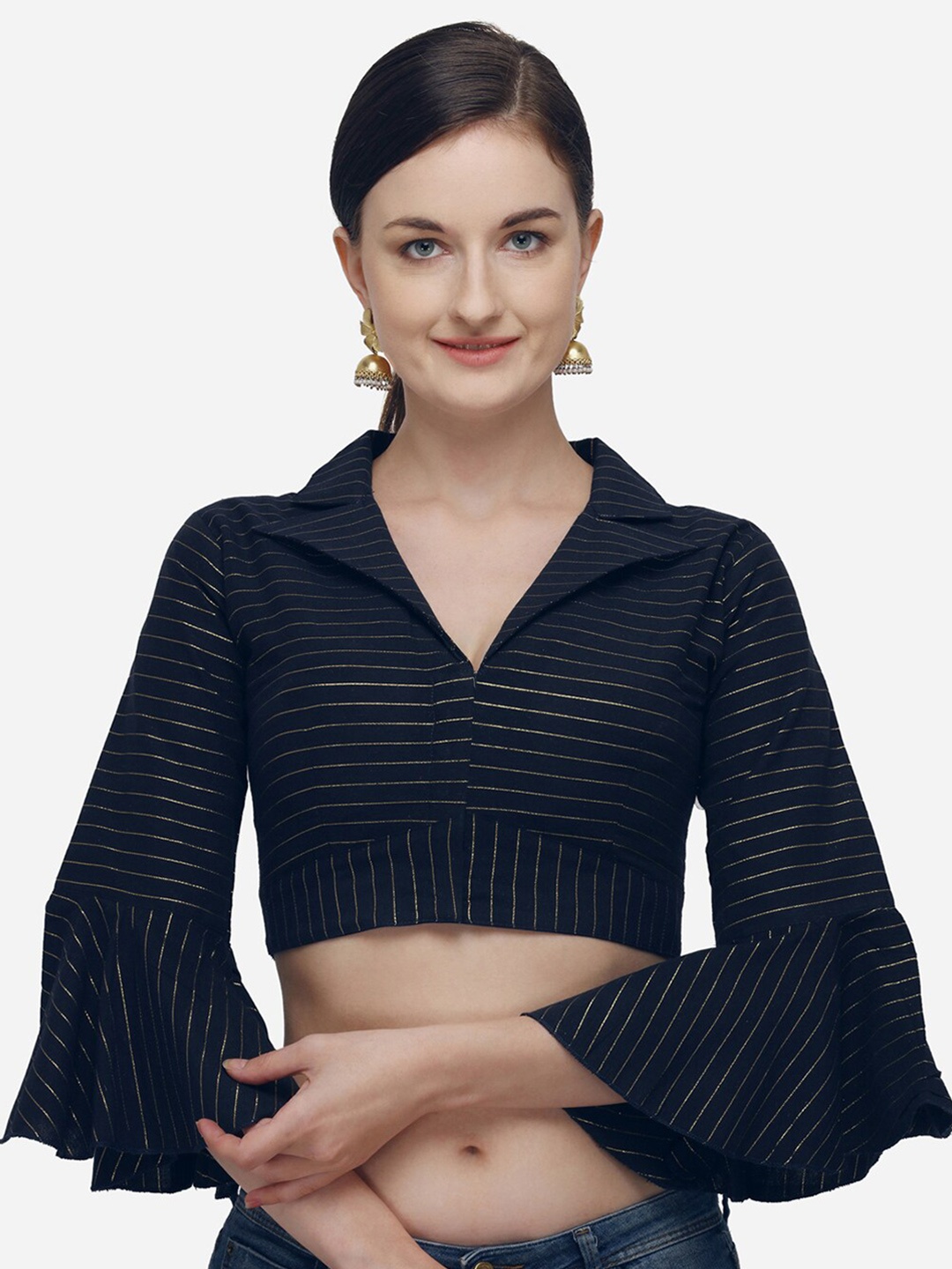 

Fab Viva Women Navy Blue Printed Collared Neck Saree Blouse