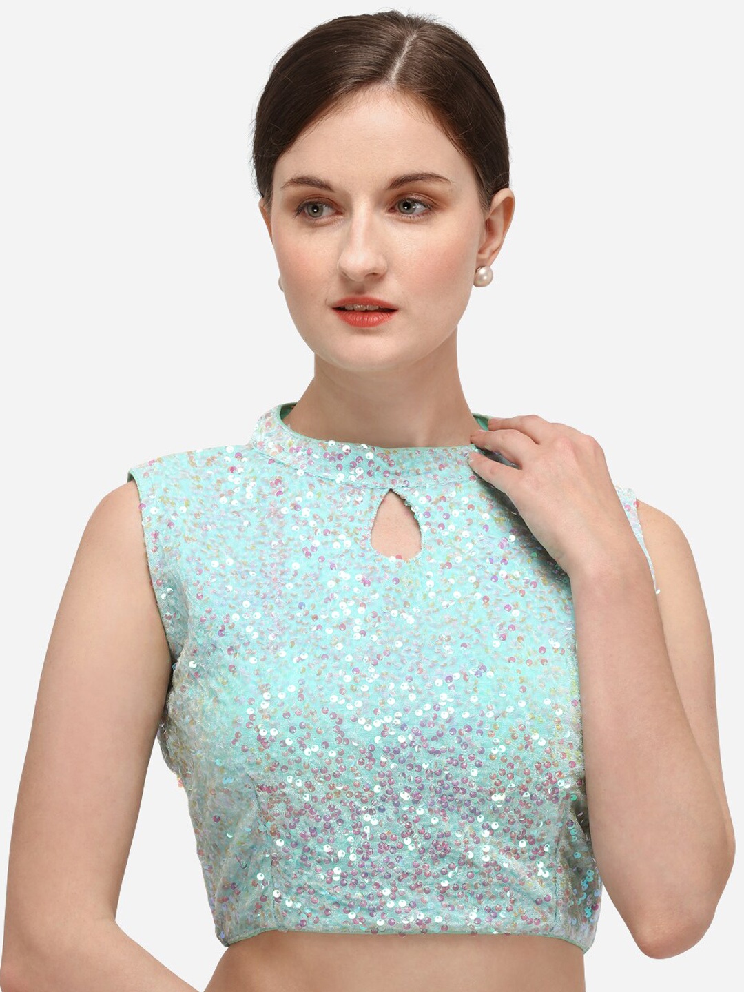 

Fab Viva Women Turquoise Blue Sequin Embellished Velvet Saree Blouse