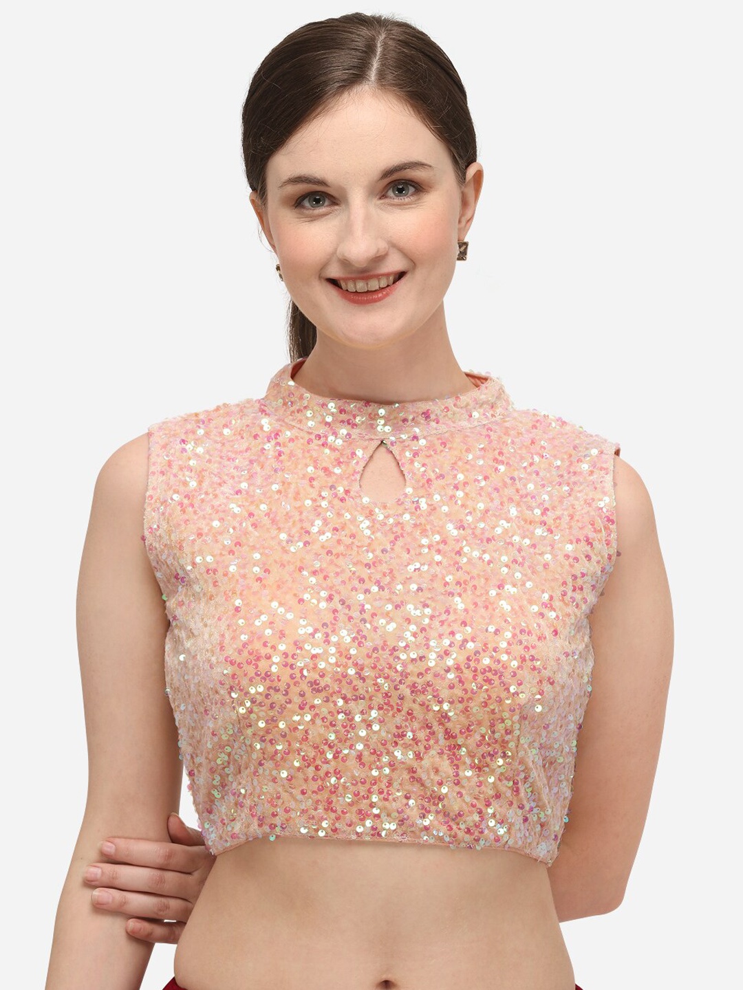 

Fab Viva Women Peach-Colored Sequin Embellished Velvet Saree Blouse