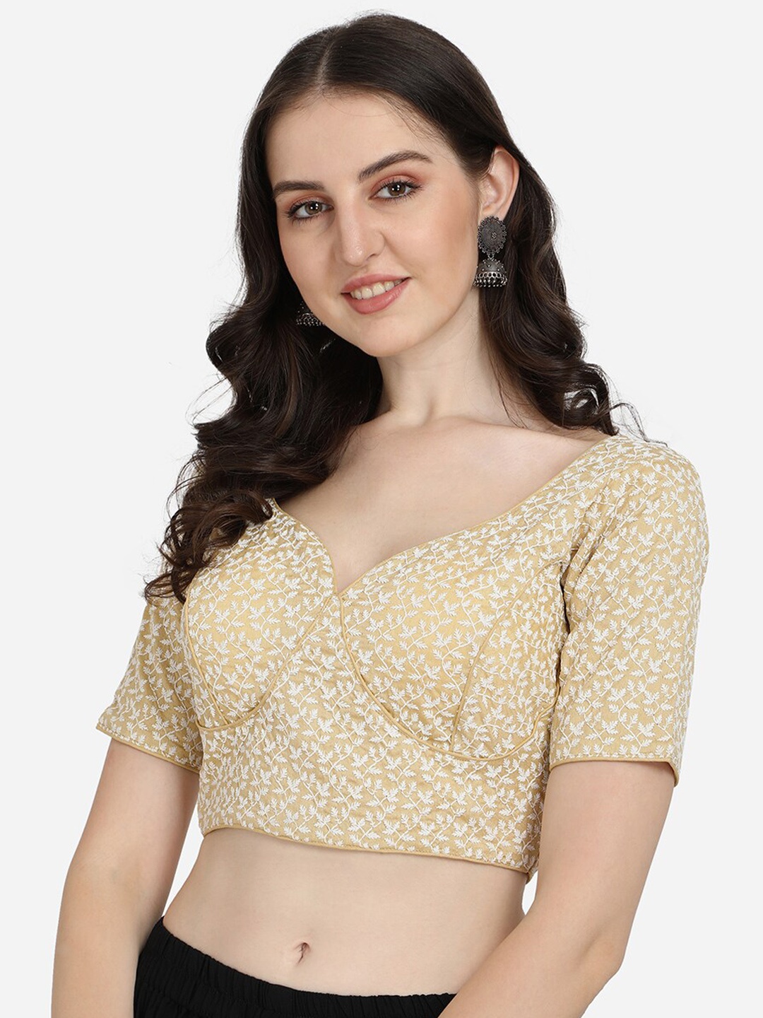 

Fab Viva Beige Embroidered Sweethart Neck Blouse