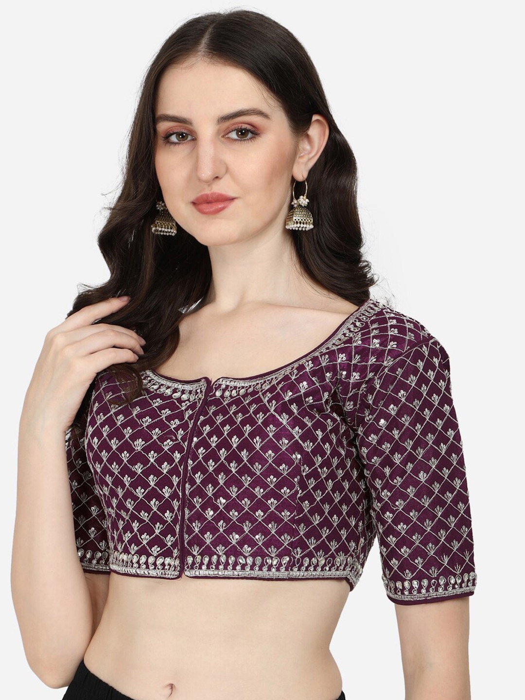 

Fab Viva Purple & Gold-Coloured Embroidered Silk Saree Blouse
