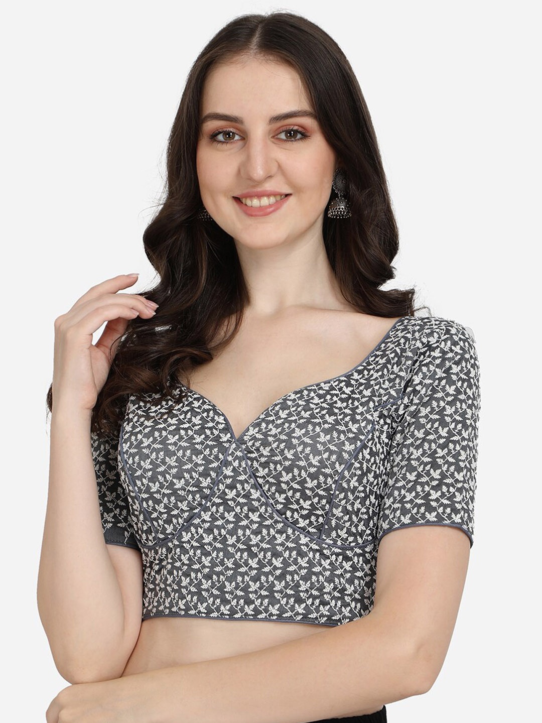 

Fab Viva Women Grey Embroidered Silk Saree Blouse