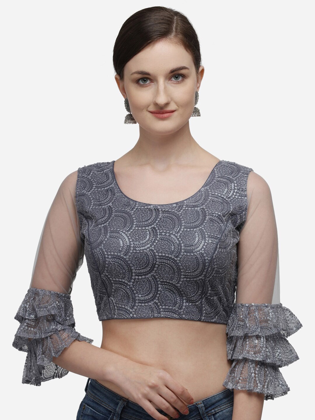 

Fab Viva Women Grey Embroidered Net Saree Blouse