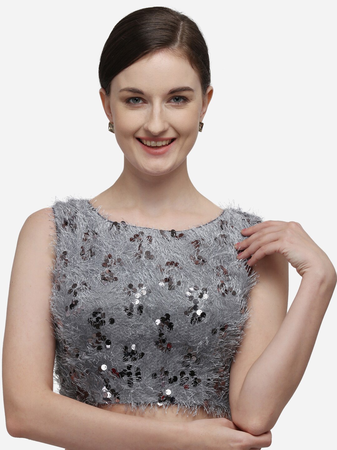 

Fab Viva Women Grey Sequin Embellished Silk Saree Blouse