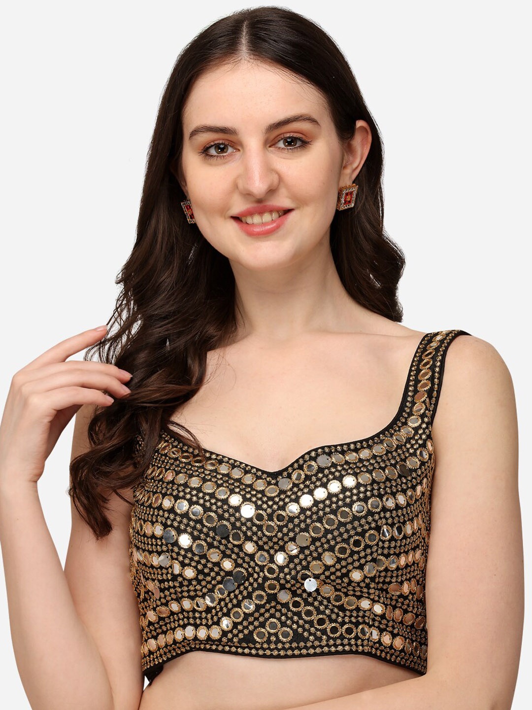 

Fab Viva Women Black Mirror Embellished Silk Saree Blouse