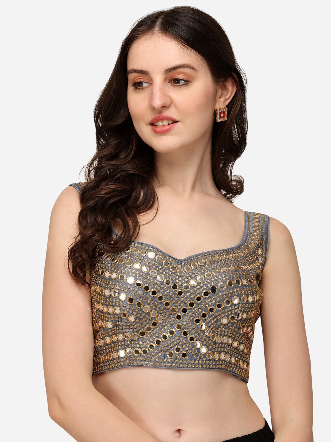 

Fab Viva Women Grey Embroidered Sweethart Neck Blouse