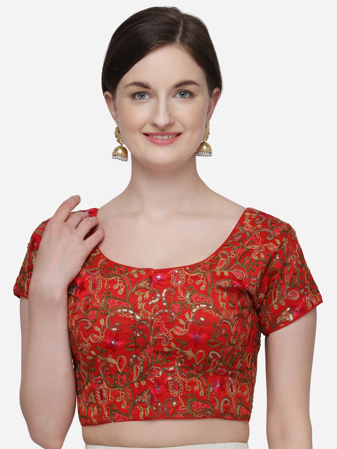 

Fab Viva Women Red Embroidered And Sequences Work Silk Saree Blouse
