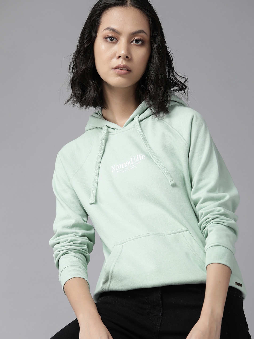 

Roadster Women Green Printed Hooded Sweatshirt