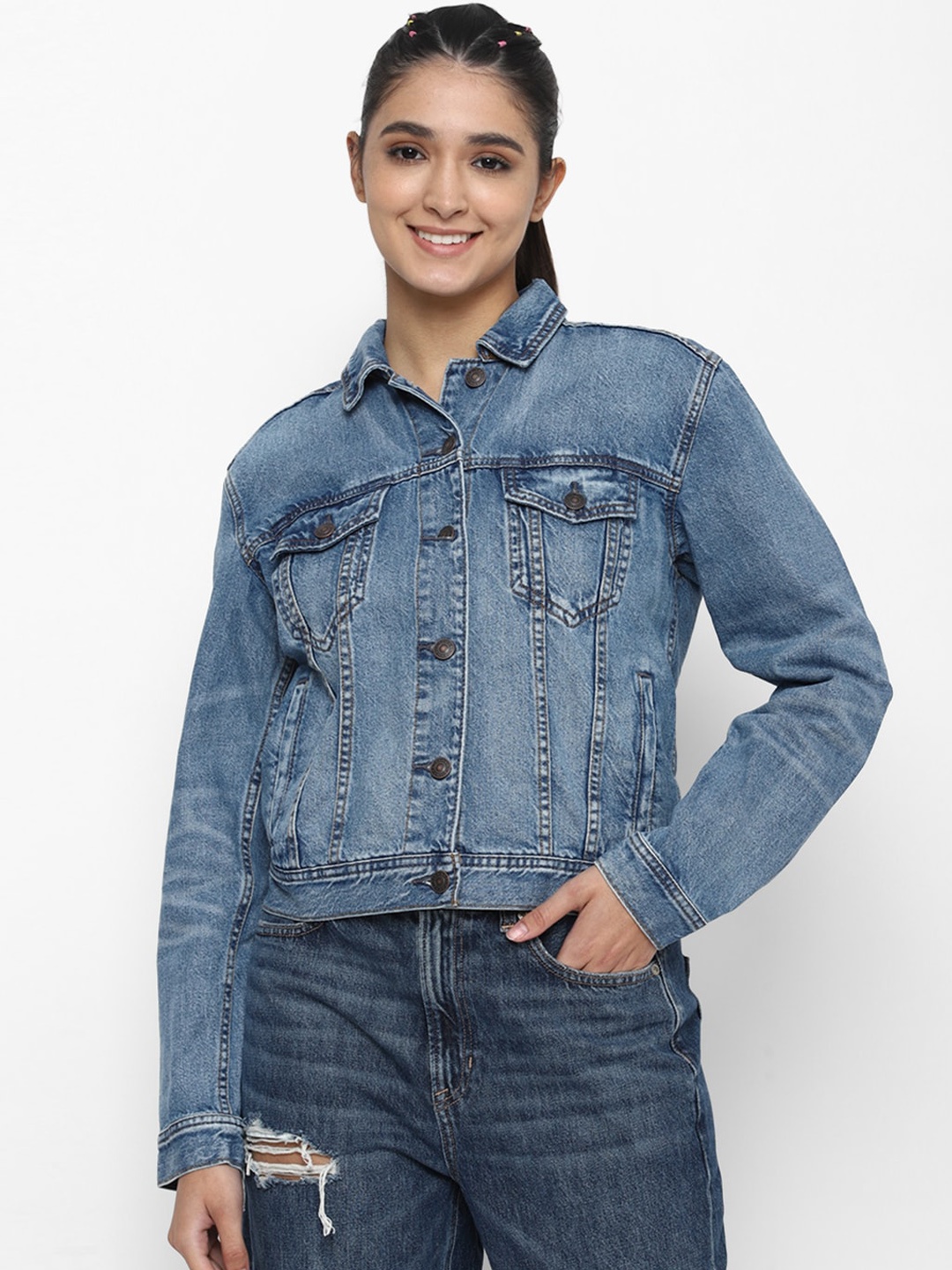 

AMERICAN EAGLE OUTFITTERS Women Blue Washed Crop Denim Jacket