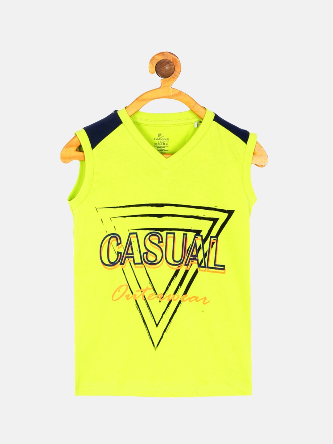 KiddoPanti Boys Lime Green Typography Printed V-Neck Cotton T-shirt