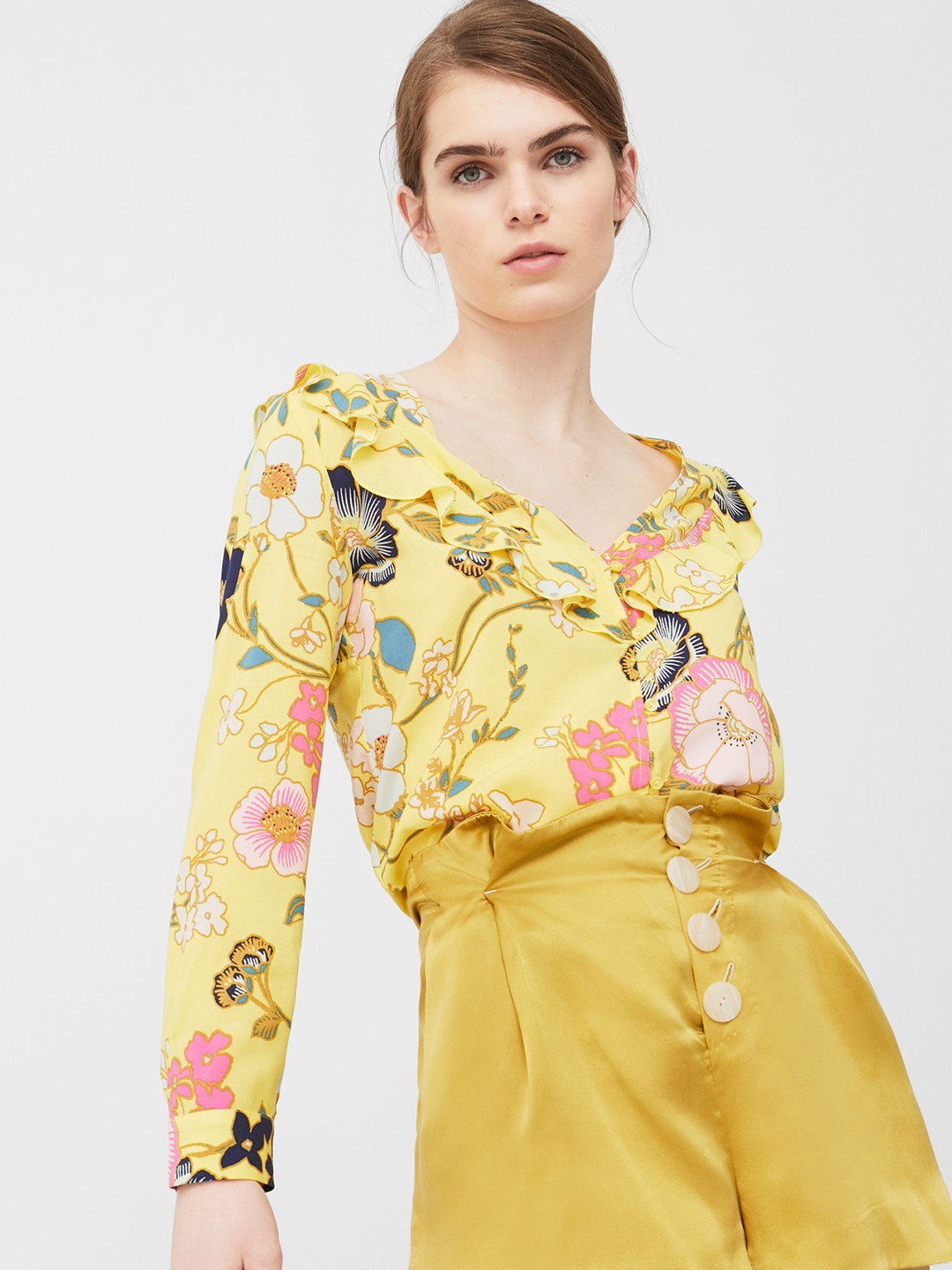 

MANGO Women Yellow Printed Shirt Style Top